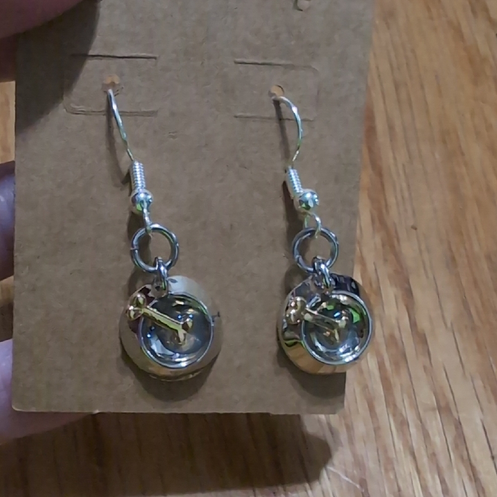 Elegant Silver and Gold Dangle dog Bone In Bowl Earrings
